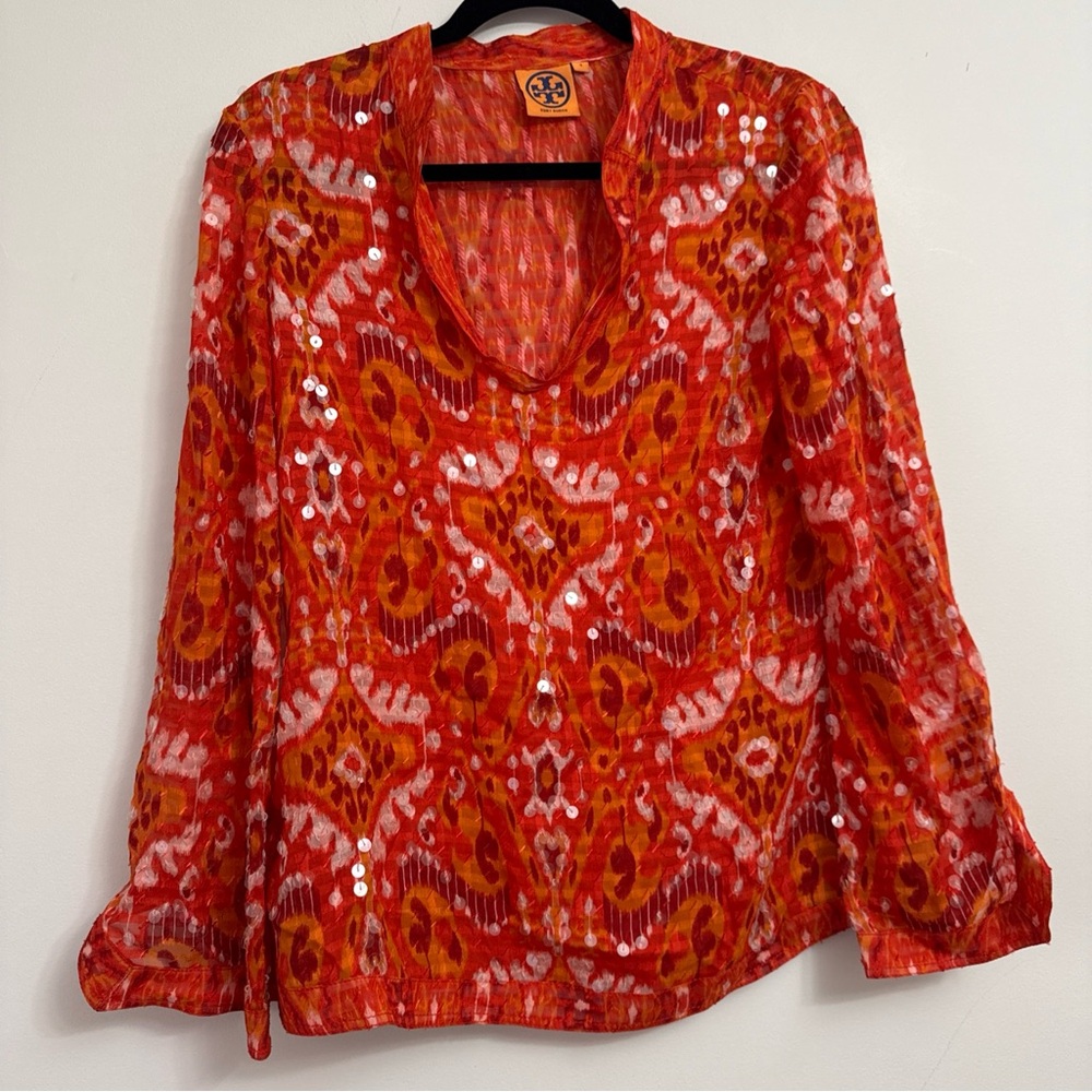 Tory Burch Stephanie Sequin Embellished Tunic Top size 4 Orange Semi-Sheer